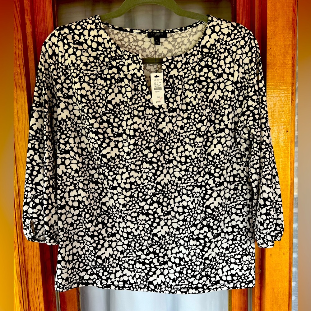 Talbots Top Blouse Medium Petite Black and White NEW WITH TAGS